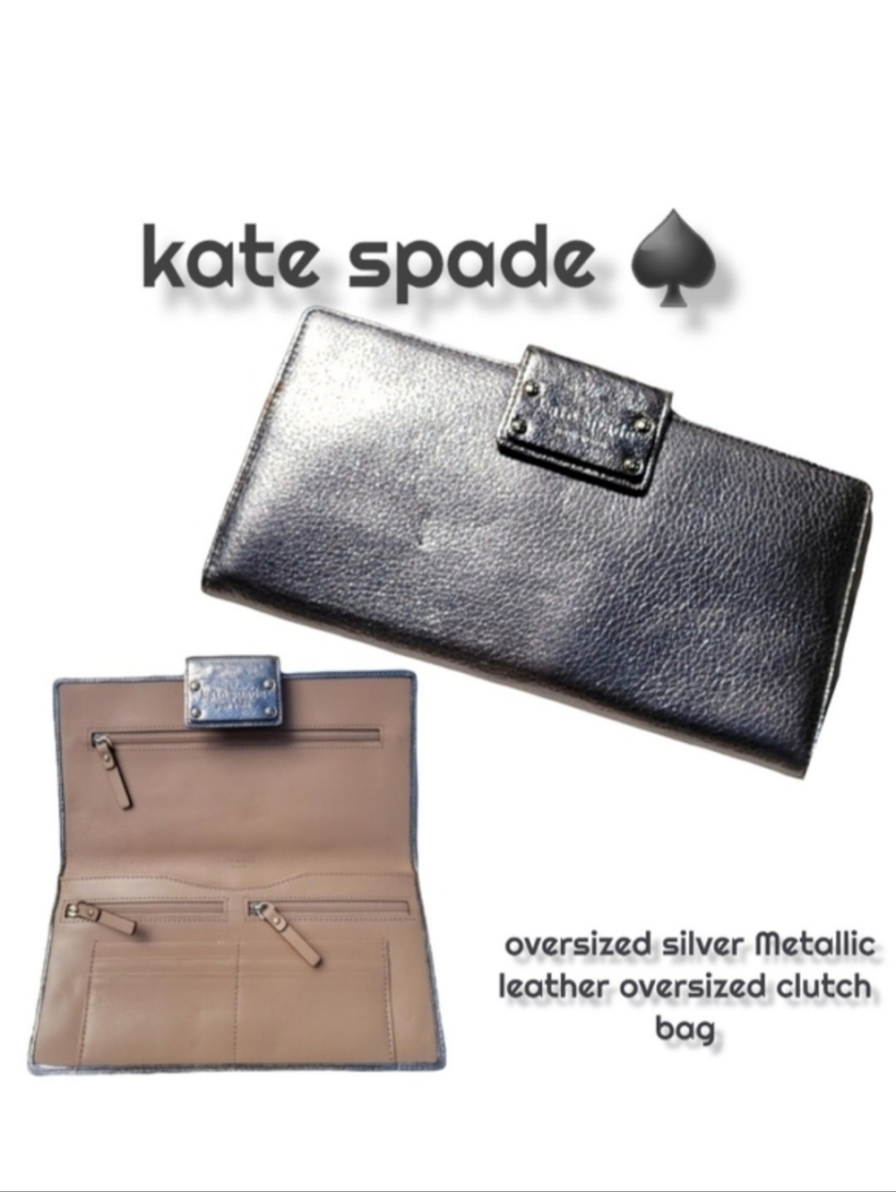 kate spade NEW YORK oversized leather Metallic Silver Oversized clutch Lg wallet